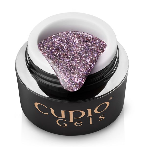 Tiegel mit lila Glitzer-Gel von Cupio Gels, das aus dem Behälter fließt