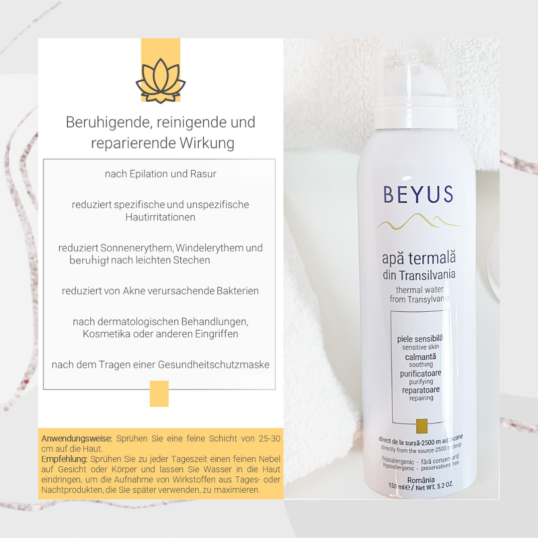 Flasche Beyus apã termalã aus Transsilvanien mit beruhigenden Hautpflegeeigenschaften