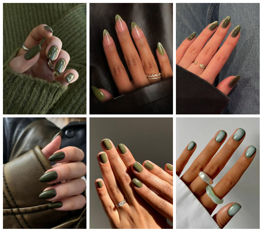 Verschiedene Stylings mit olivgrünem Nageldesign