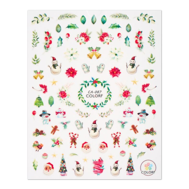 Aufkleberbogen mit Weihnachtsmotiven wie Schneemännern, Tannenbäumen und Geschenken