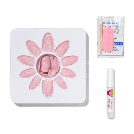 white_marble_c8370_c Set aus rosafarbenen künstlichen Nägeln mit Nagelkleber und Vorbereitungspads