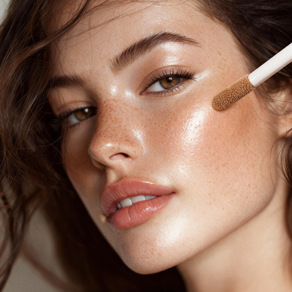 Nahaufnahme Frau mit natürlichem Make-up und Highlighter