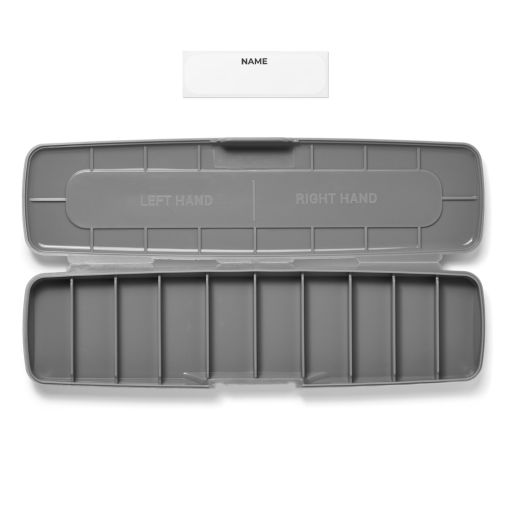 Graues Etui für Zahnspangen, innen geteilt, mit Namensfeld