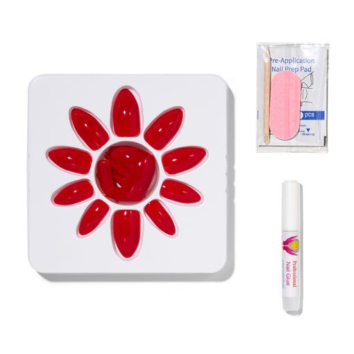 bright_red_c8361_c Set mit roten Kunstnägeln, Vorbereitungs-Pad und Nagelkleber