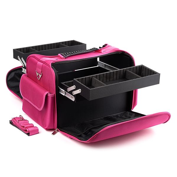 geanta_mup_roz_b Feminine Kosmetiktasche in Pink mit herausnehmbaren Fächern und zusätzlichem Tragegurt