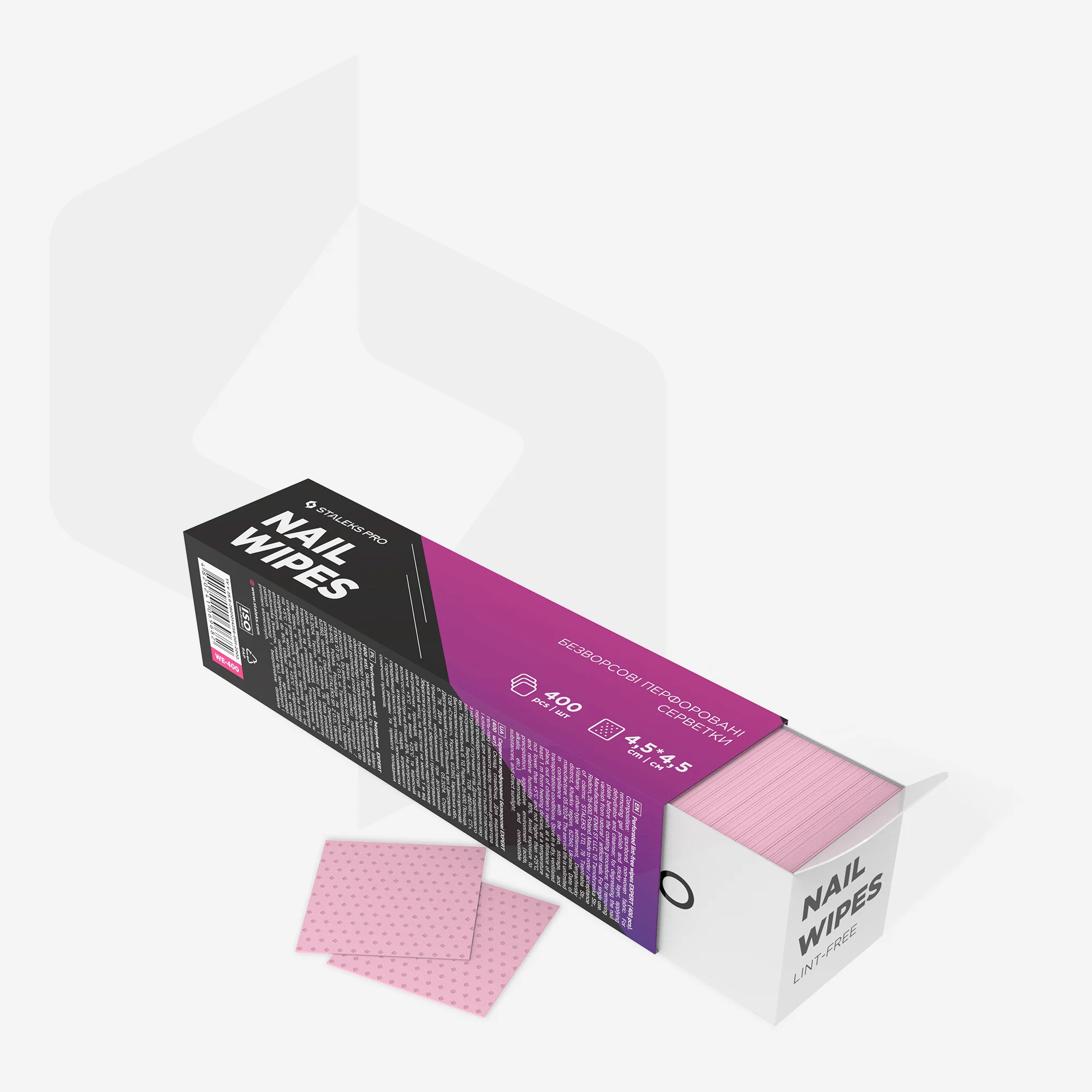 Verpackung von Nail Wipes mit 400 fusselfreien Tüchern zur Nagelpflege.