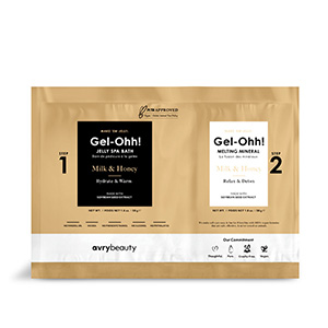 Beige Produktverpackung der avrybeauty Gel-Ohh! Fußmaske mit den Sorten Milky Mint & Honey und Vitamin Miracle