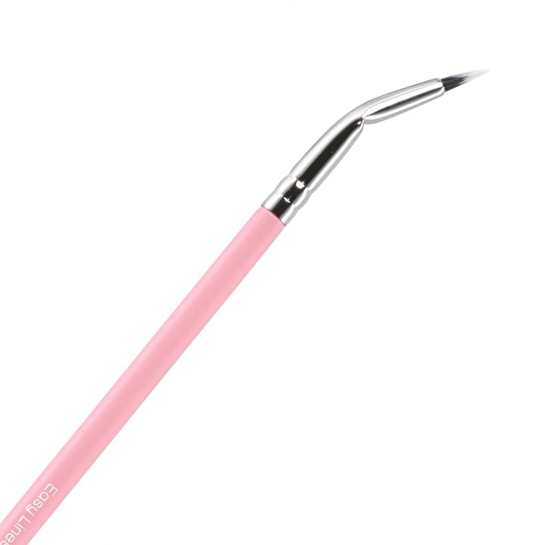 Detailaufnahme eines pinken Pinsels mit gebogenem Griff und feinen Borsten