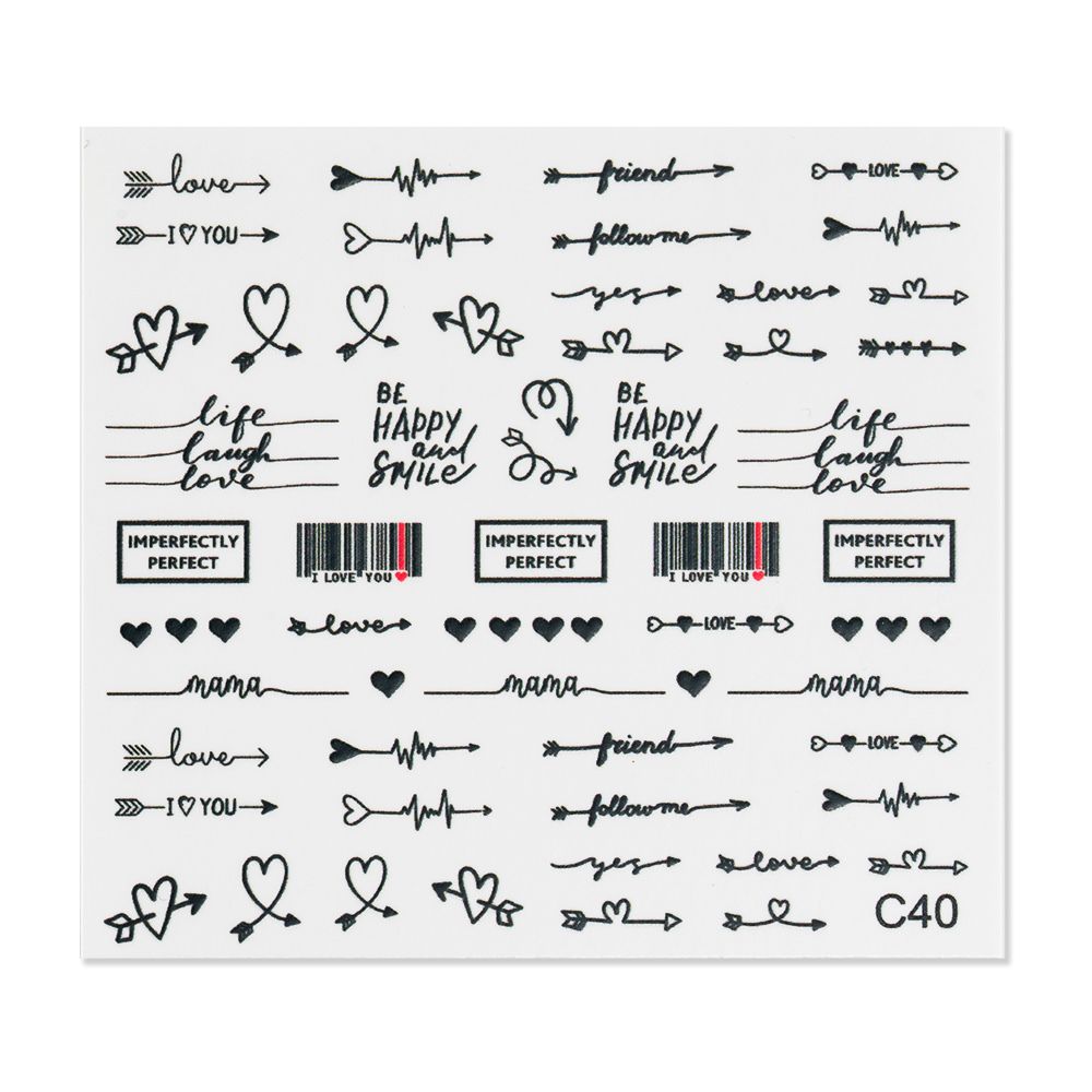 Aufkleberbogen mit verschiedenen Designs und Worten wie 'love', 'friend' und 'be happy'