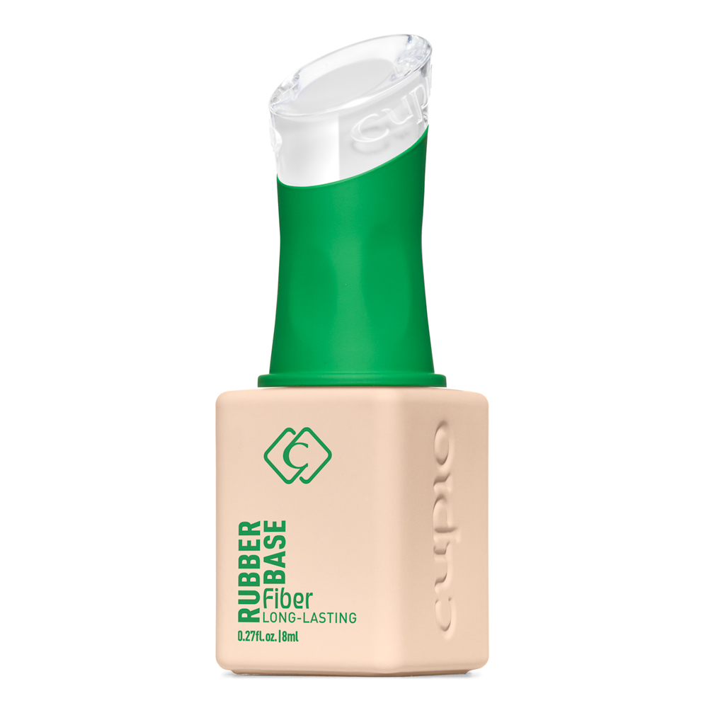 Produktbild der Cupio Rubber Base Fiber Long-Lasting, 8 ml Nagelbasis in beigefarbener Flasche mit grünem Verschluss vor weißem Hintergrund