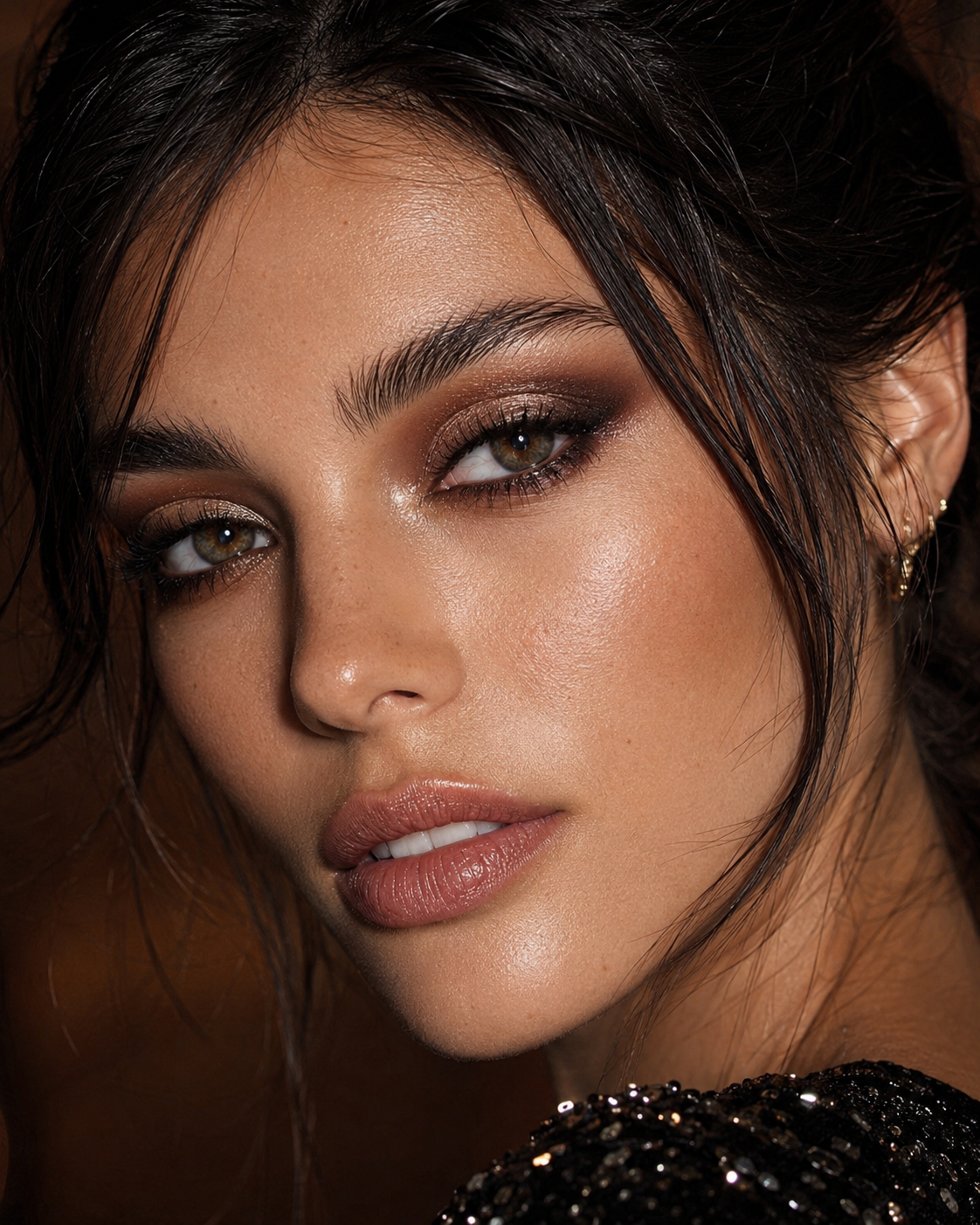 Nahaufnahme eines Models mit braunem Smokey-Eye, schimmerndem Augen-Make-up, glänzendem Teint und nudefarbenen Lippen