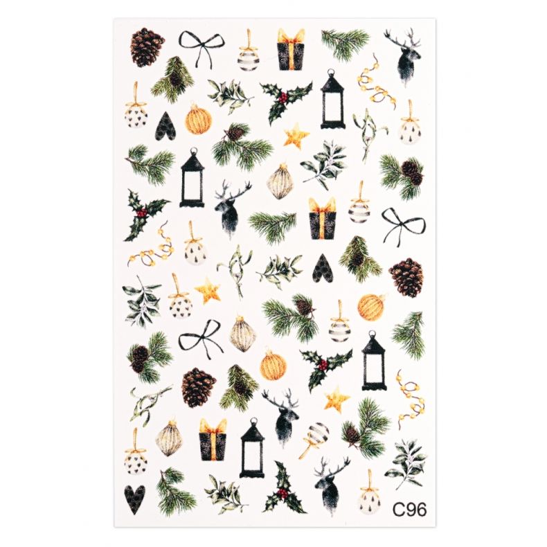 c6904 Bunt gestaltete Aufkleber mit Weihnachtsmotiven wie Tannenzweigen, Geschenkboxen und Lichtern
