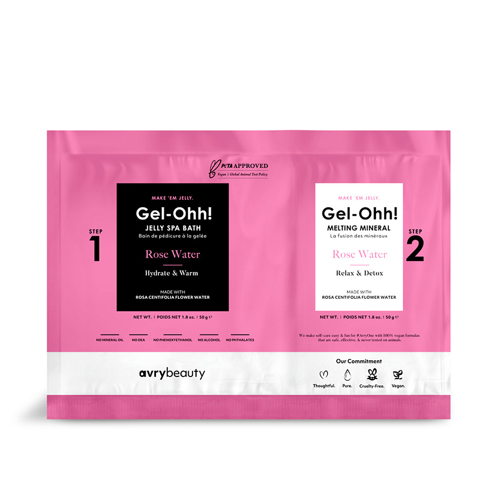 Pinkes Gel-Ohh! Rose Water Fußbad-Set von avrybeauty mit 2 Schritten: Jelly Spa Bath und Melting Mineral
