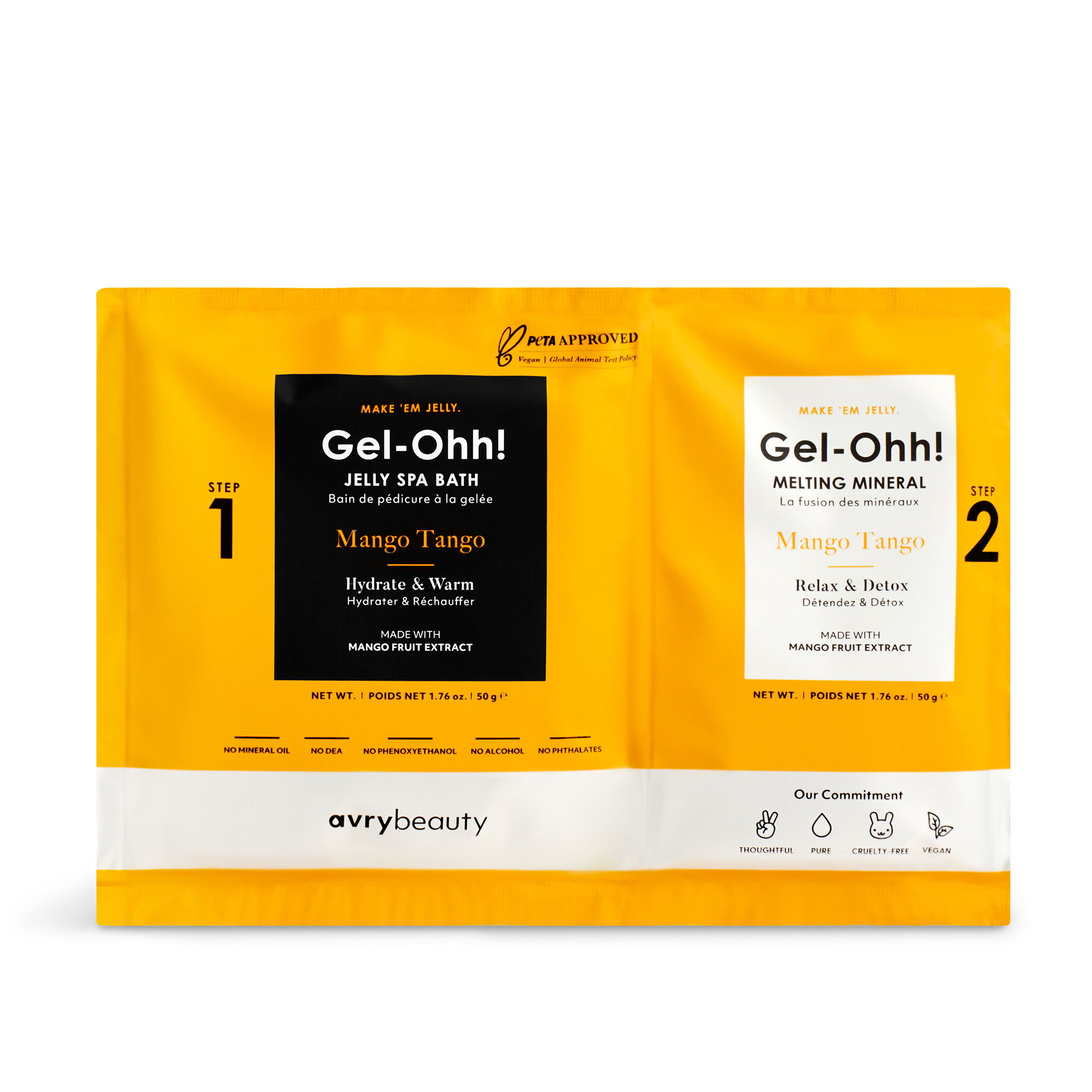 Gelbes avrybeauty Gel-Ohh! Pediküre-Set Mango Tango mit Jelly Spa Bath Schritt 1 und Melting Mineral Schritt 2