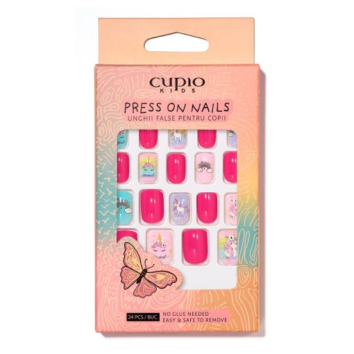 kids_press_on_nails_unicorn_dream_c8106 Set mit 24 bunten Press-On-Nägeln für Kinder, einfach anzubringen und zu entfernen.
