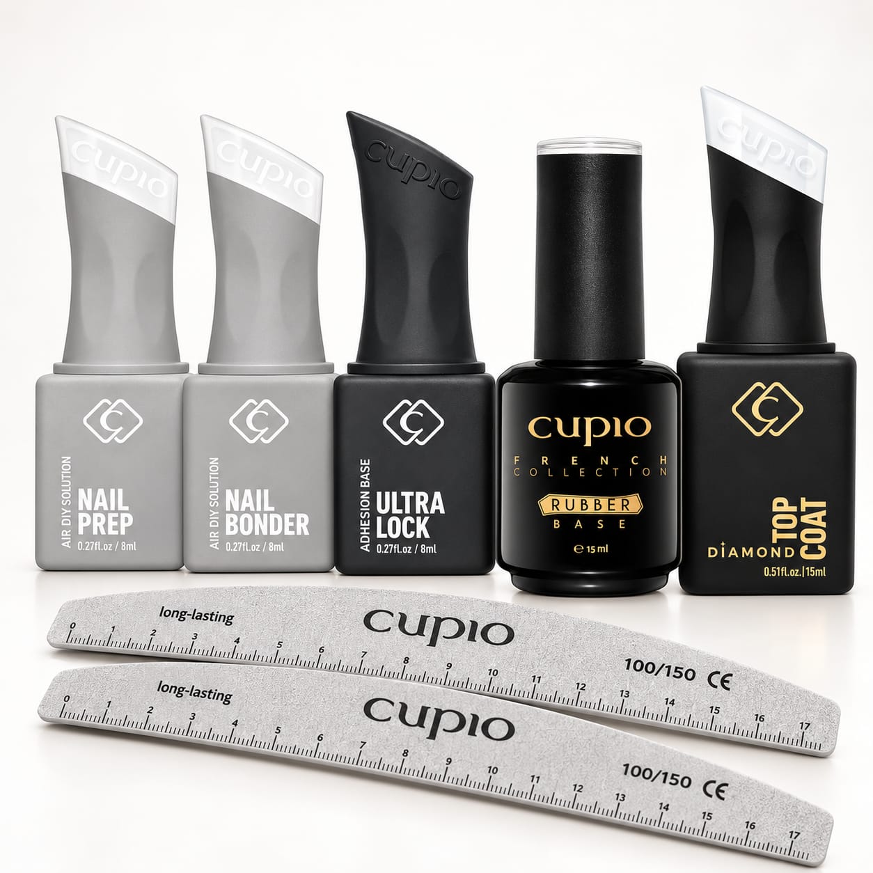 Produktbild eines Cupio Nagelsets mit Nail Prep, Nail Bonder, Ultra Lock, Rubber Base, Top Diamond Coat sowie zwei gebogenen Nagelfeilen