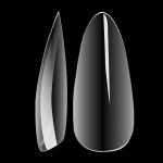 full_nail_almond_c Zwei transparente künstliche Fingernägel, einer spitz und einer oval.