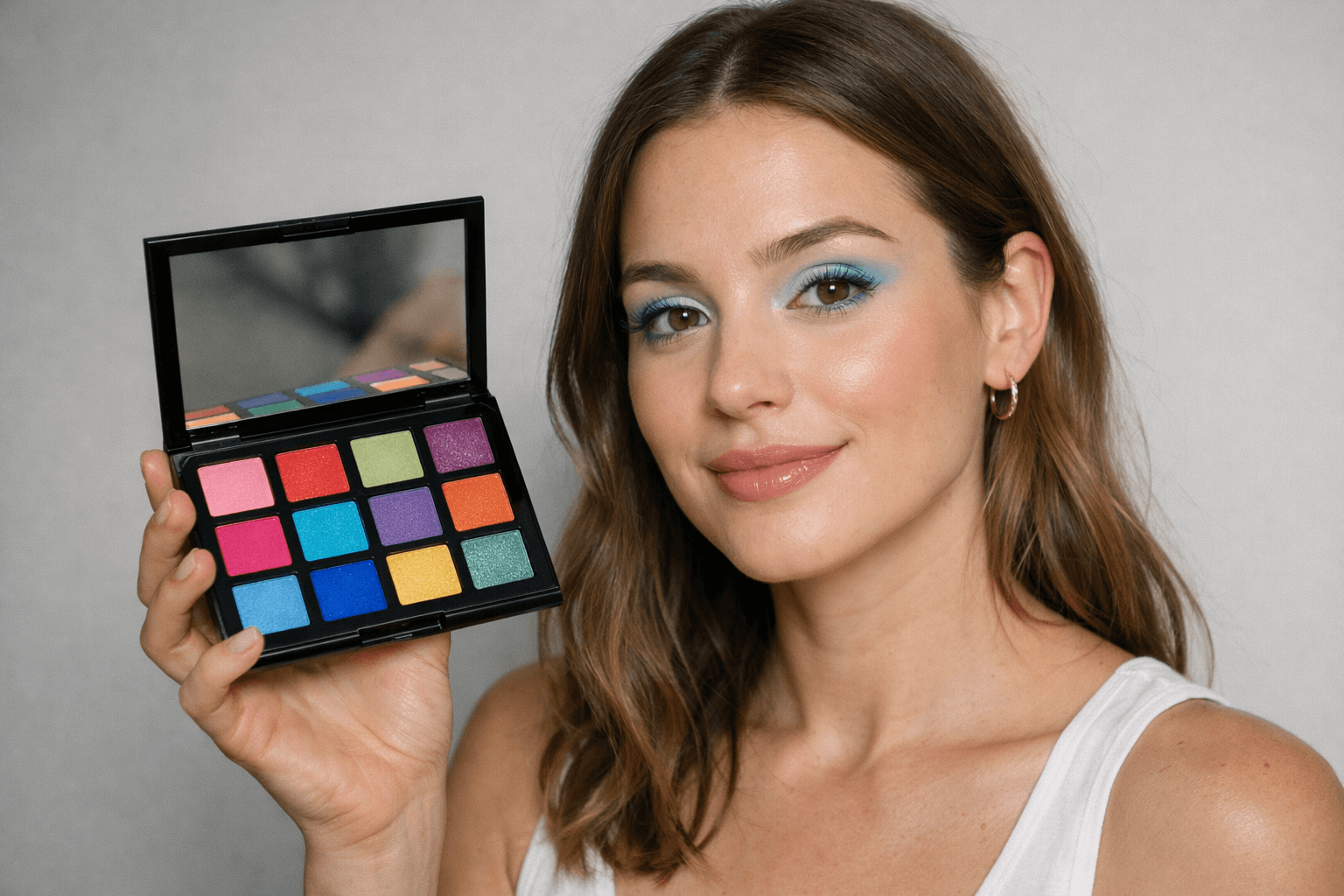 Frau mit blauem Augen-Make-up hält eine geöffnete, bunte Lidschattenpalette mit 15 intensiven Farben und integriertem Spiegel in der Hand