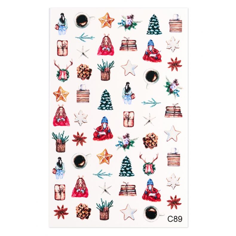 Bunte Wintersticker mit Weihnachtsmotiven wie Tannenbäume, Sterne und Geschenke.