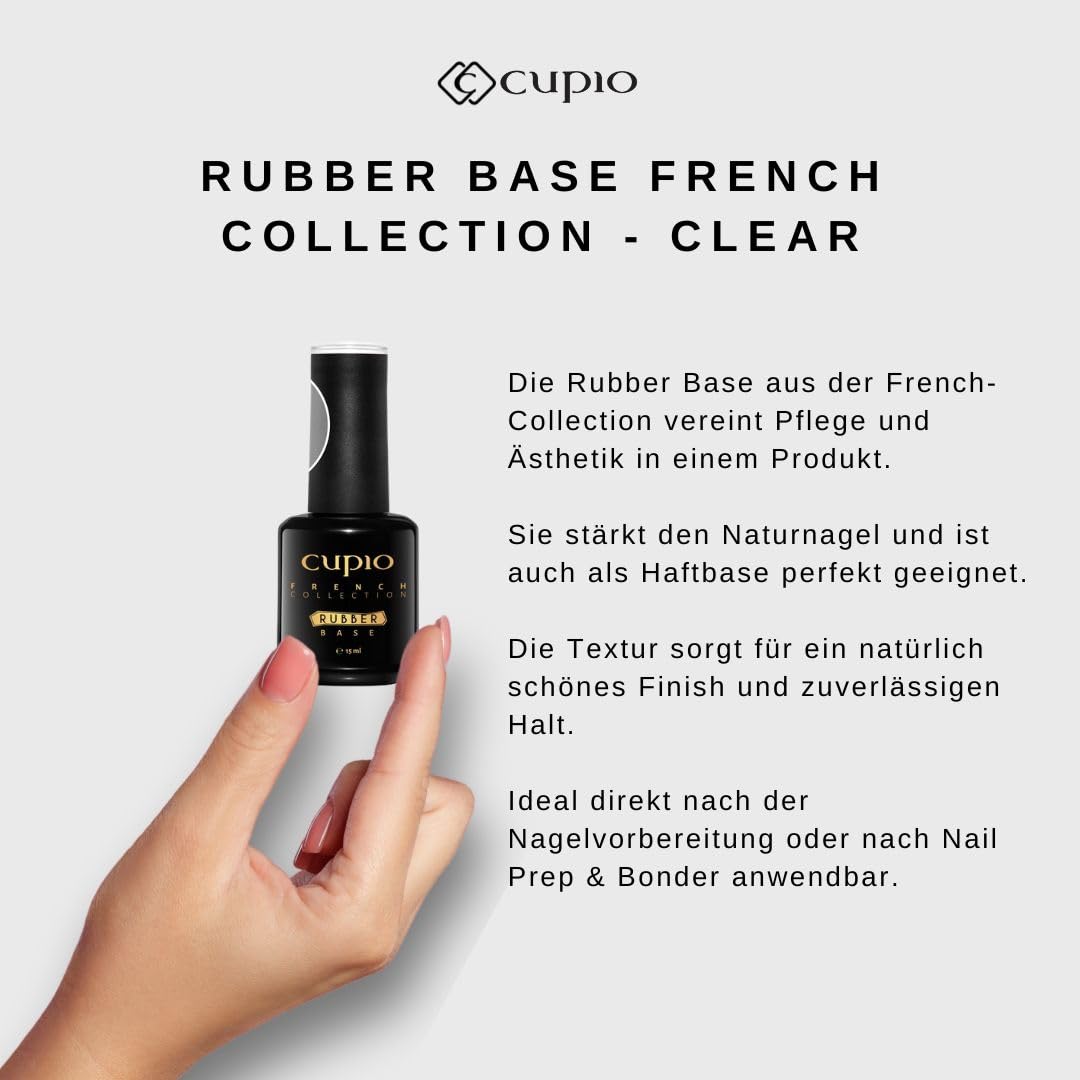 Hand hält Cupio Rubber Base French Collection Clear, transparente Rubber Base als Haftbasis für Naturnägel mit natürlichem Finish und zuverlässigem Halt