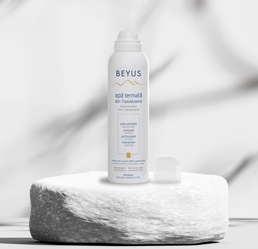Beyus Thermalwasser Spray für empfindliche Haut in einer eleganten Verpackung