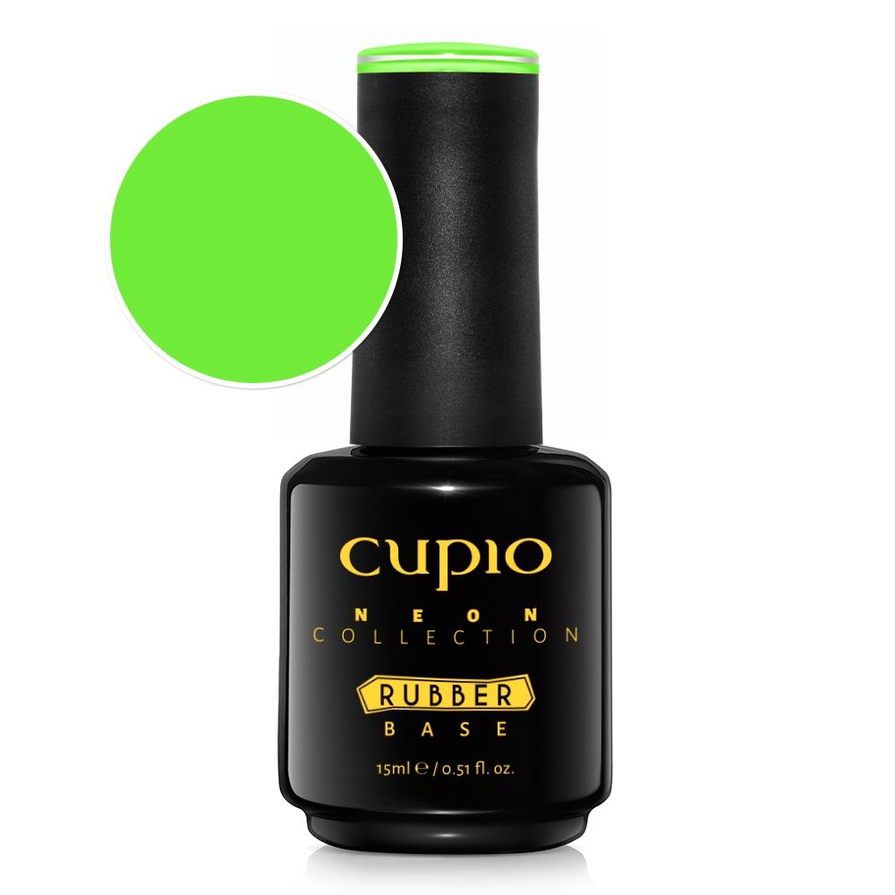 Schwarze Flasche Cupio Neon Collection Rubber Base 15 ml mit neongrüner Farbprobe – flexible Basis für Gel-Nägel
