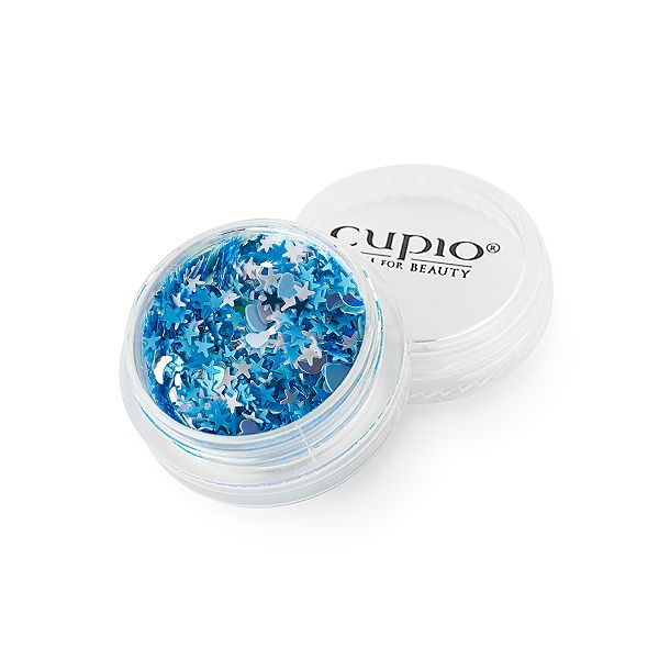 Blaue Sternchen-Nageldekorationsprodukte in transparentem Behälter von Cupio