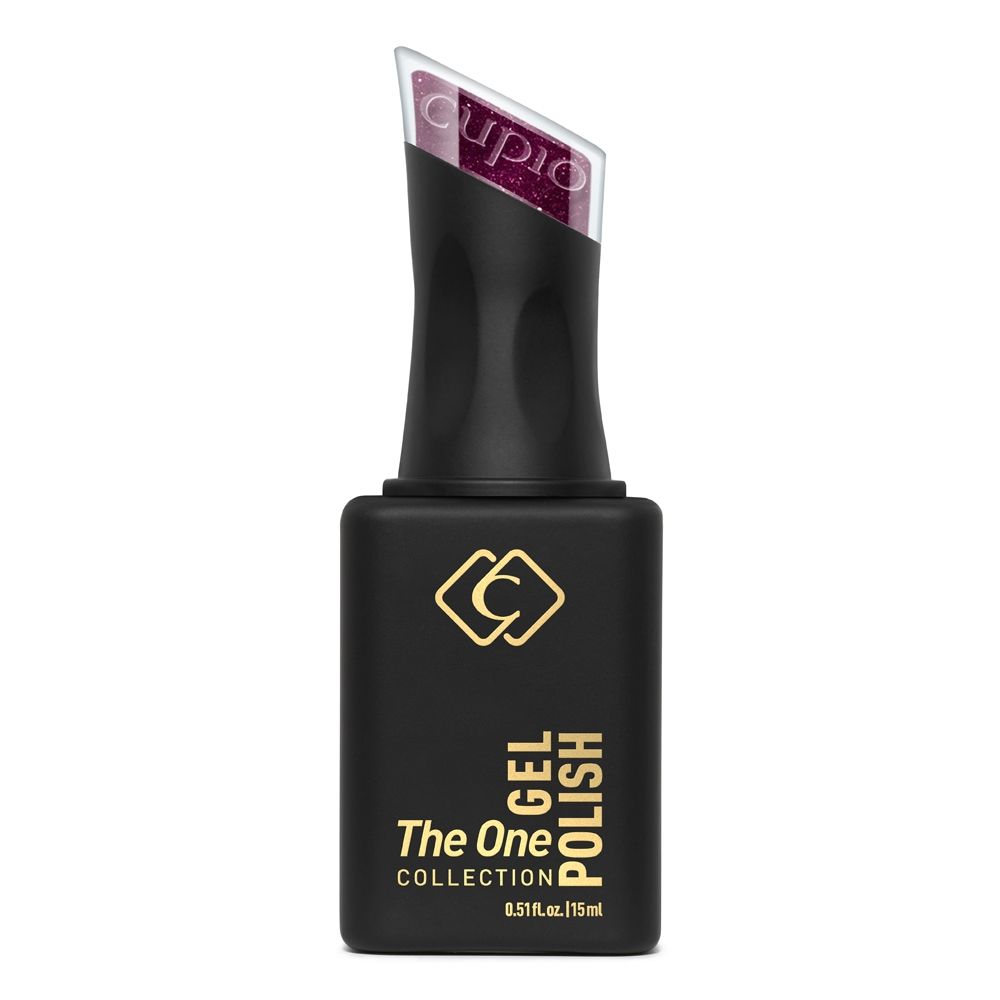 Schwarze Flasche The One Collection Gel Polish, 15 ml, mit Farbspitze in glitzerndem Lila zur Anzeige des UV-Gel-Lacktons