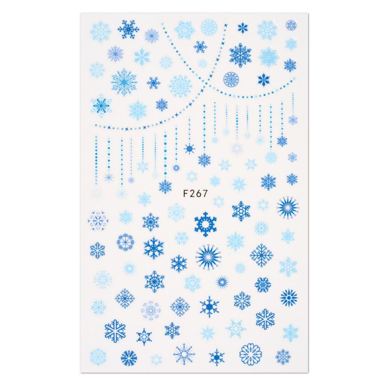 Dekoratives Klebeblatt mit verschiedenen Eiskristallen und Schneeflocken in Blau