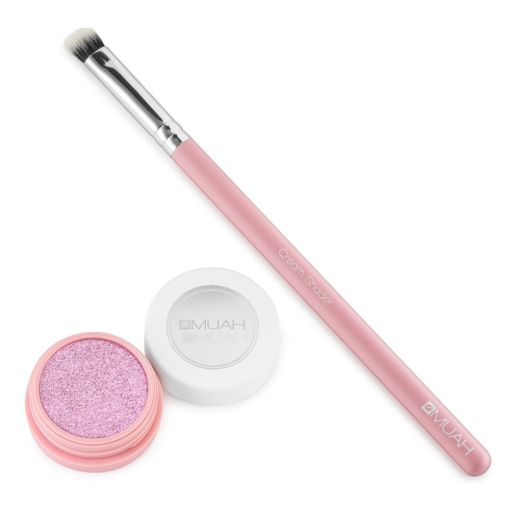 kit_hot_look Pink Make-up Pinsel neben einem glitzernden Lidschatten in einem weißen Behälter