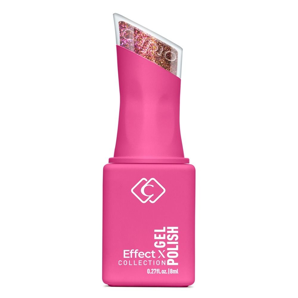 Flasche pinkes UV-Gel Polish aus der Effect Collection, 8 ml, mit sichtbarem glitzerndem Rosé-Gold-Gel im Pinselhals