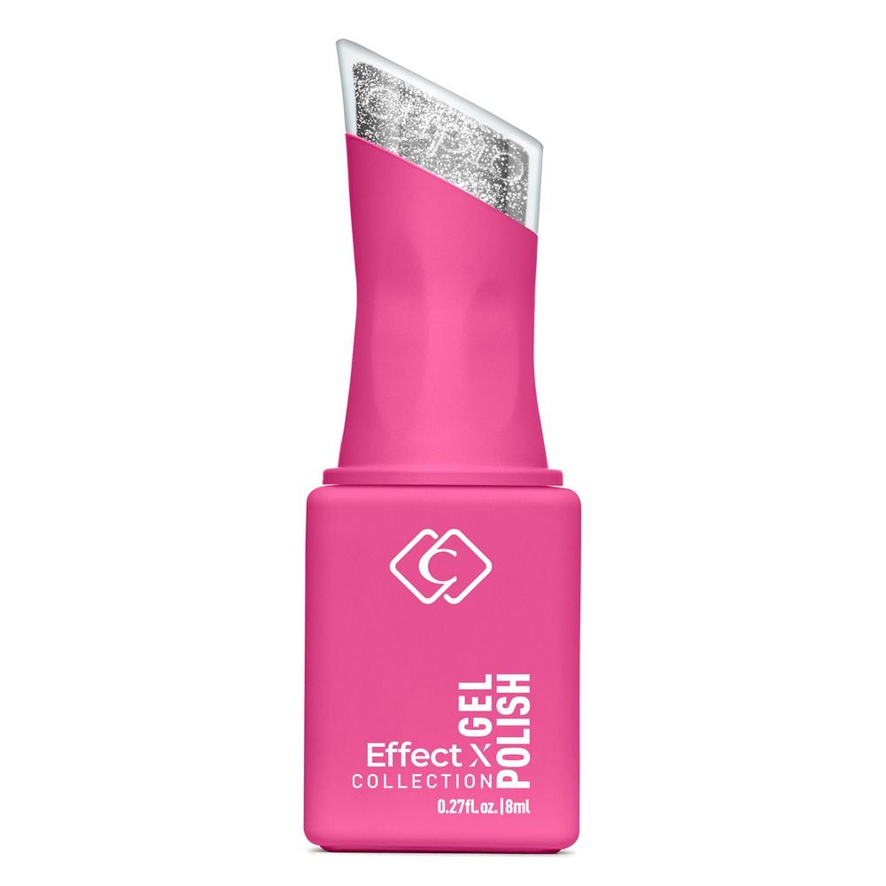 Produktbild eines pinken Gel-Polishs aus der Effect Collection, Flasche mit integriertem silbernem Glitter-Farbmuster im Verschluss