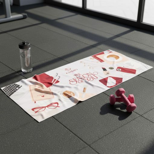 Fitnesshandtuch mit rotem Design und pinken Hanteln auf Bode