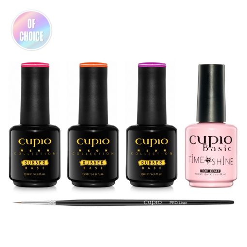 Set Neon From the Base Cupio Rubber Base Set besteht aus drei Farblacken, einem Pinsel und einem Top Coat für professionellen Nageldesign