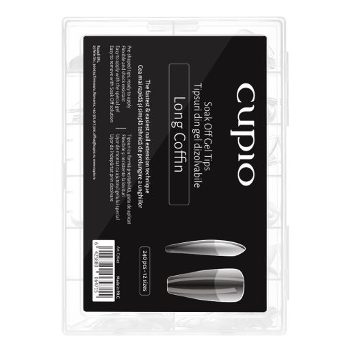 long_coffin_c7649 Packung mit Cupio Long Coffin Tips zum Eintauchen für Gel- und Acrylnägel.