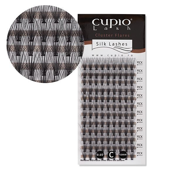 Packung mit Cupio Silk Lashes Cluster Flares in Schwarz, 0.07mm Durchmesser, C Curl, 12mm Länge