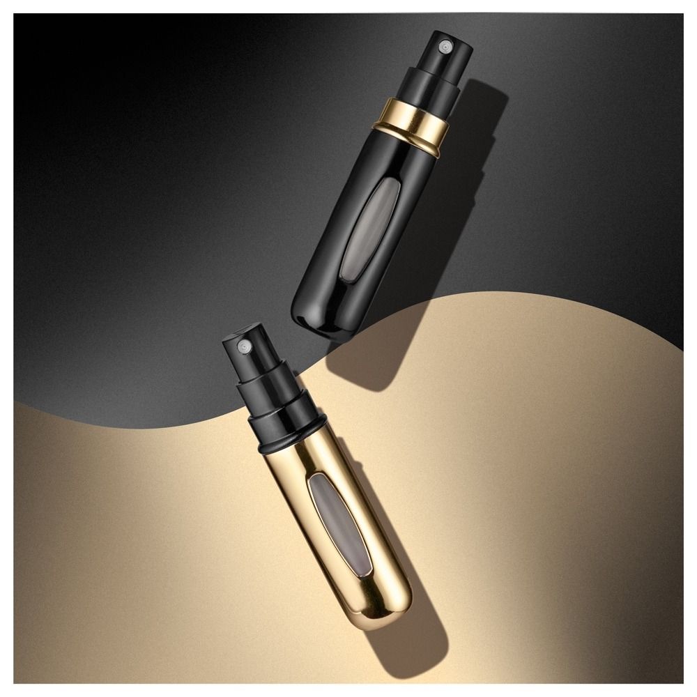 Zwei elegante nachfüllbare Parfüm Zerstäuber in Schwarz und Gold, kompakte 5-ml-Reise-Sprühflakons mit Sichtfenster für unterwegs