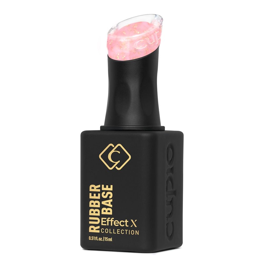 Schwarze Cuccio Rubber Base Effect X Collection Flasche mit geöffneter Spitze und pinker Rubber-Base mit Goldglitter, 15 ml