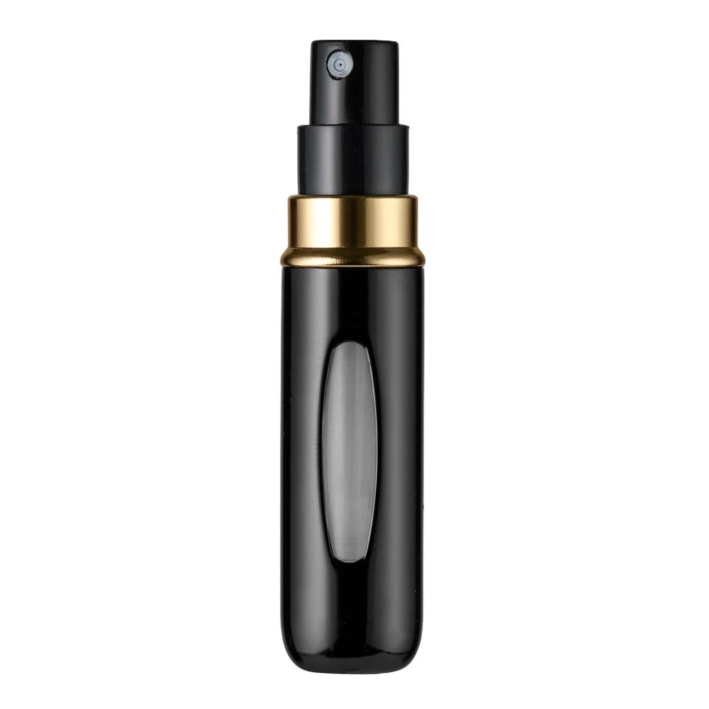 Schwarzer nachfüllbarer Parfüm Zerstäuber mit goldener Kappe und seitlichem Sichtfenster, ideal für Reisen