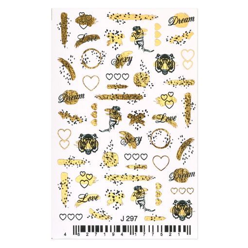 Goldene Sticker mit verschiedenen Motiven wie Herzen, Tigern und dem Wort Dream
