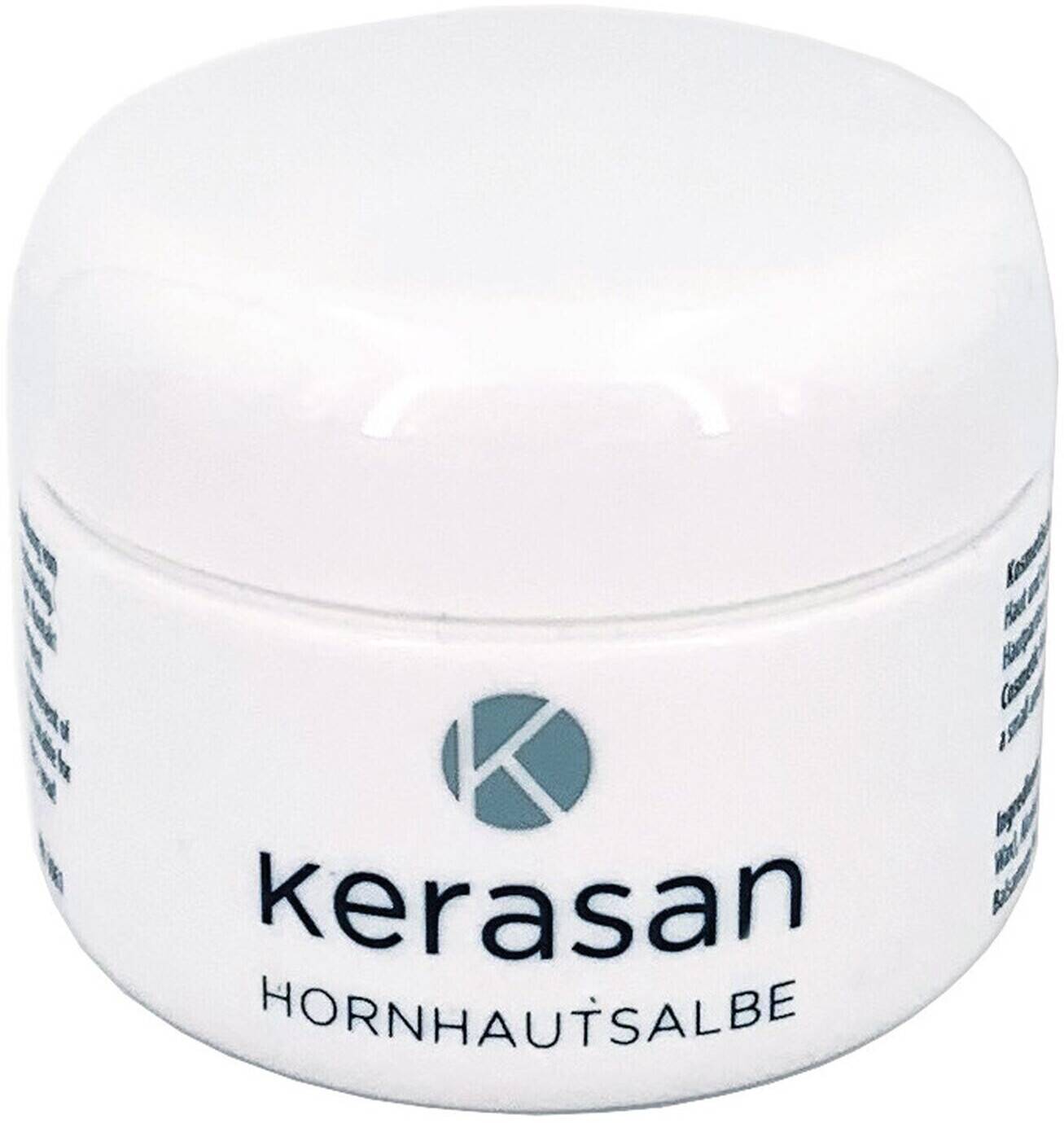 Weiße Dose Kerasan Hornhautsalbe 50 ml von Greppmayr GmbH zur Pflege trockener, harter Haut an Fersen sowie bei Hornhaut, Schrunden und Schwielen