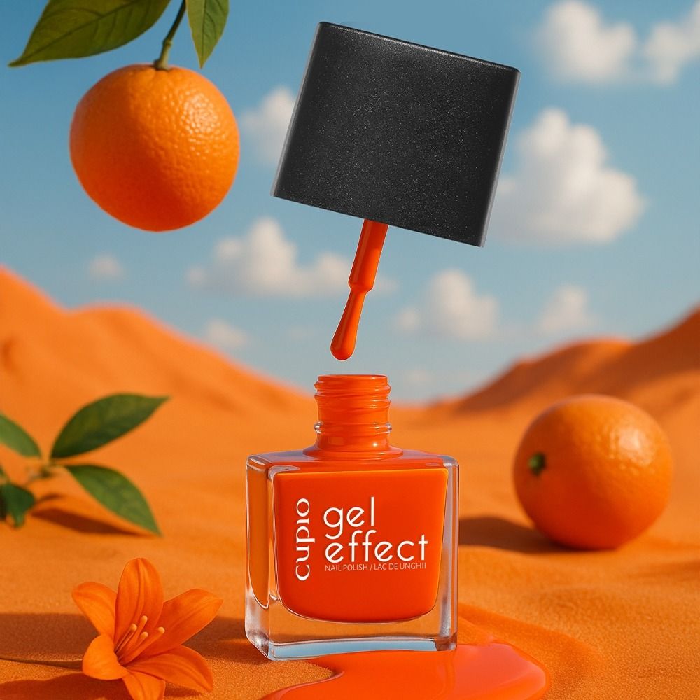 Flasche mit Cupio Gel Effect Nagellack in Orange vor orangefarbener Kulisse