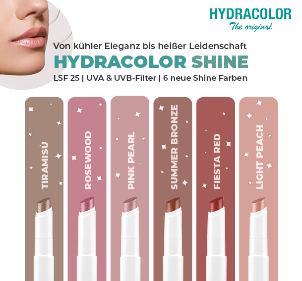 Werbebild zum cremigen Pflegestift für Lippen HYDRACOLOR Shine Collection Pink Pearl 03 von Brilliant Lifestyle, pflegende Lippenfarbe mit LSF 25 und UVA-/UVB-Filter