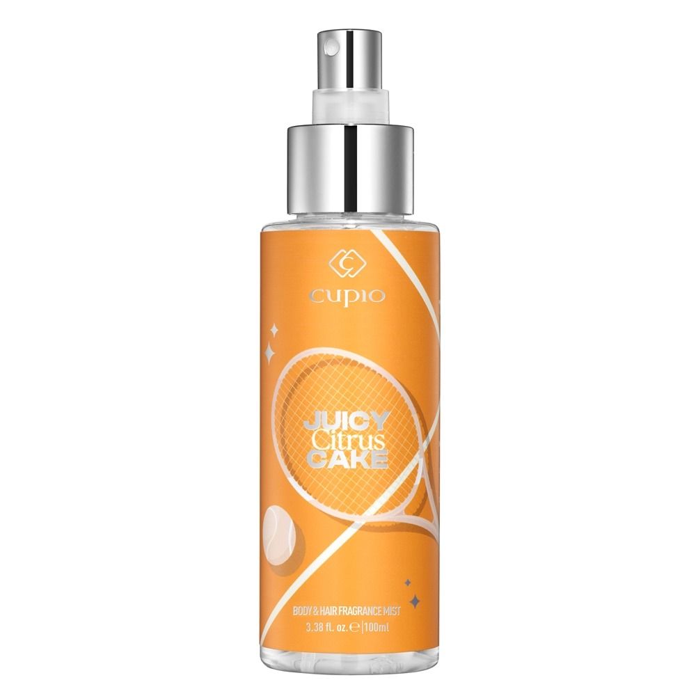 Cupio Juicy Citrus Cake Body & Hair Fragrance Mist 100 ml in orangefarbener Sprühflasche mit silbernem Zerstäuber
