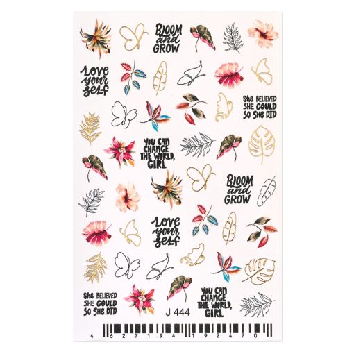 Blattaufkleber mit Sprüchen wie 'Love your self' und 'Bloom and grow', dekorative Designs mit Blumen und Blättern.