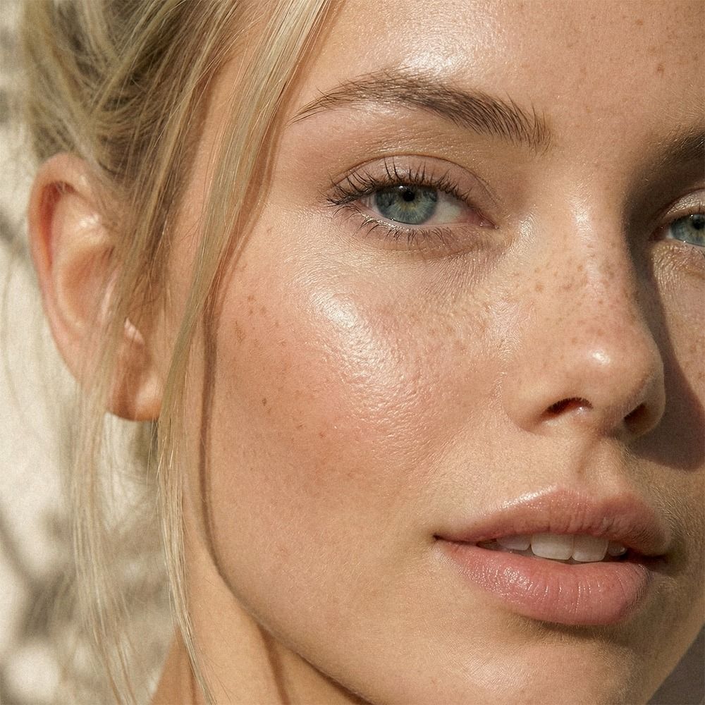 Detailaufnahme eines weiblichen Gesichts mit natürlichem Make-up, Sommersprossen und gesund strahlender Haut