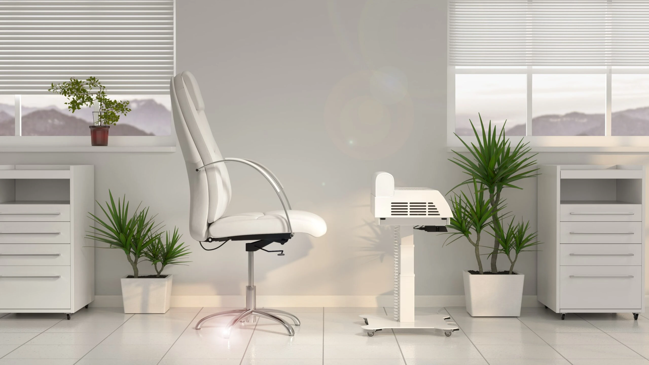 NDC-PODO-7-scaled Helles Büro mit ergonomischem Stuhl und Tisch, umgeben von Pflanzen