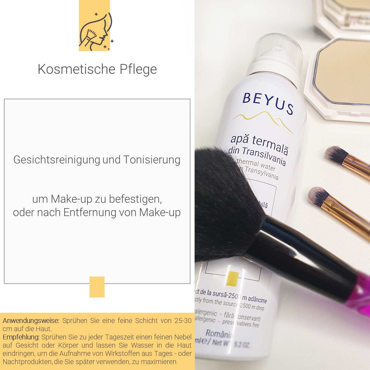 Flasche mit Thermalwasser für Gesichtspflege neben Kosmetikpinseln und -produkten