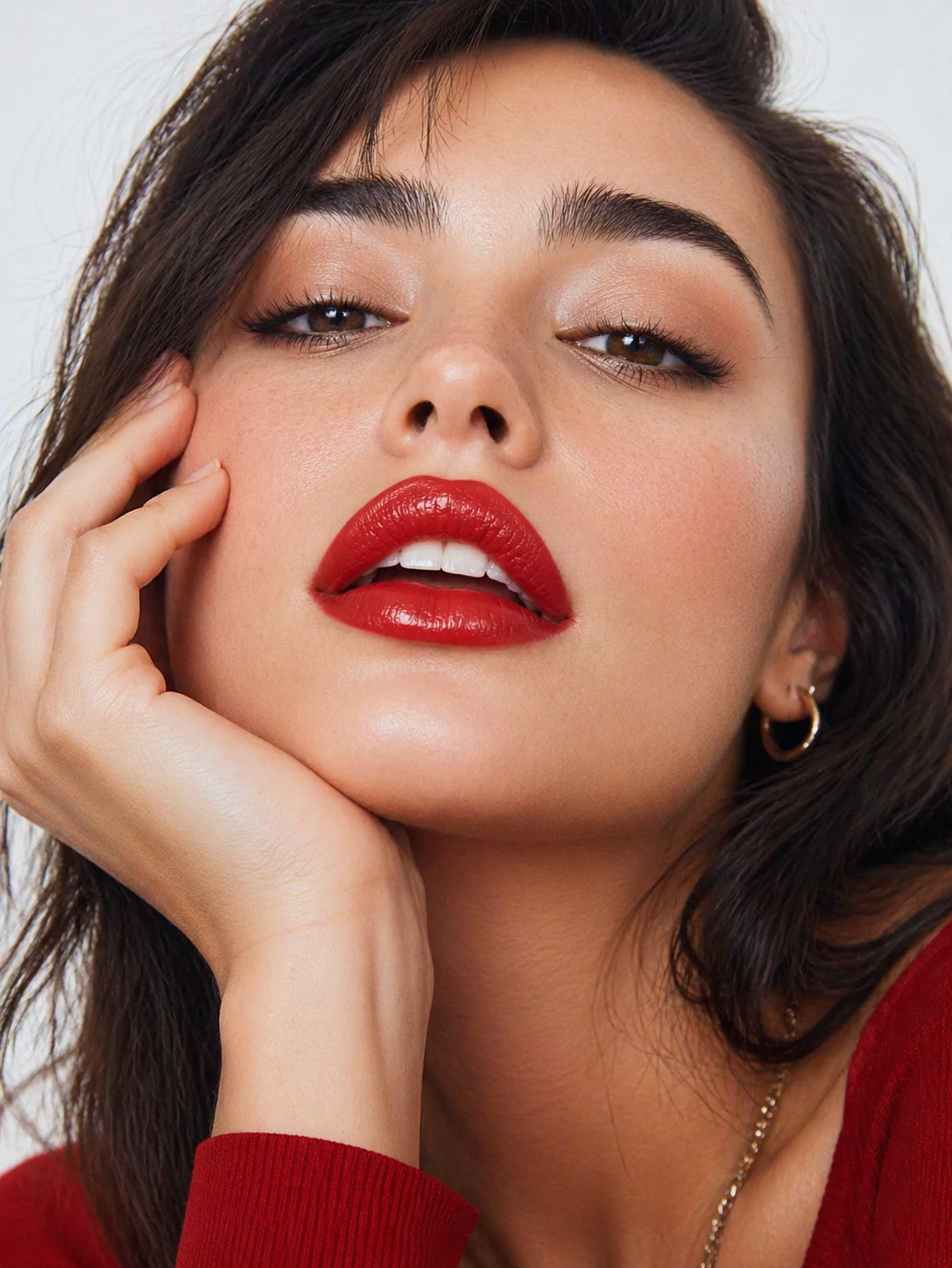 Nahaufnahme eines Models mit glänzendem rotem Lippenstift, gepflegtem Teint und dezentem Augen-Make-up – ideal zur Darstellung von Lippenstift oder Beauty-Make-up