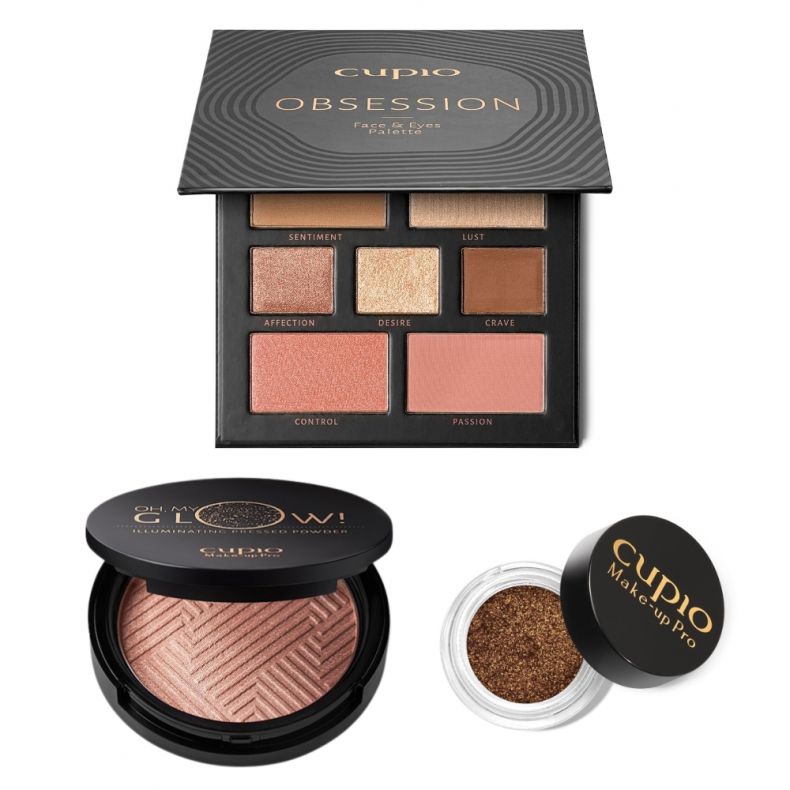 Set aus Cupio Obsession Palette, Illuminator und Glitzer für kreative Make-up-Looks